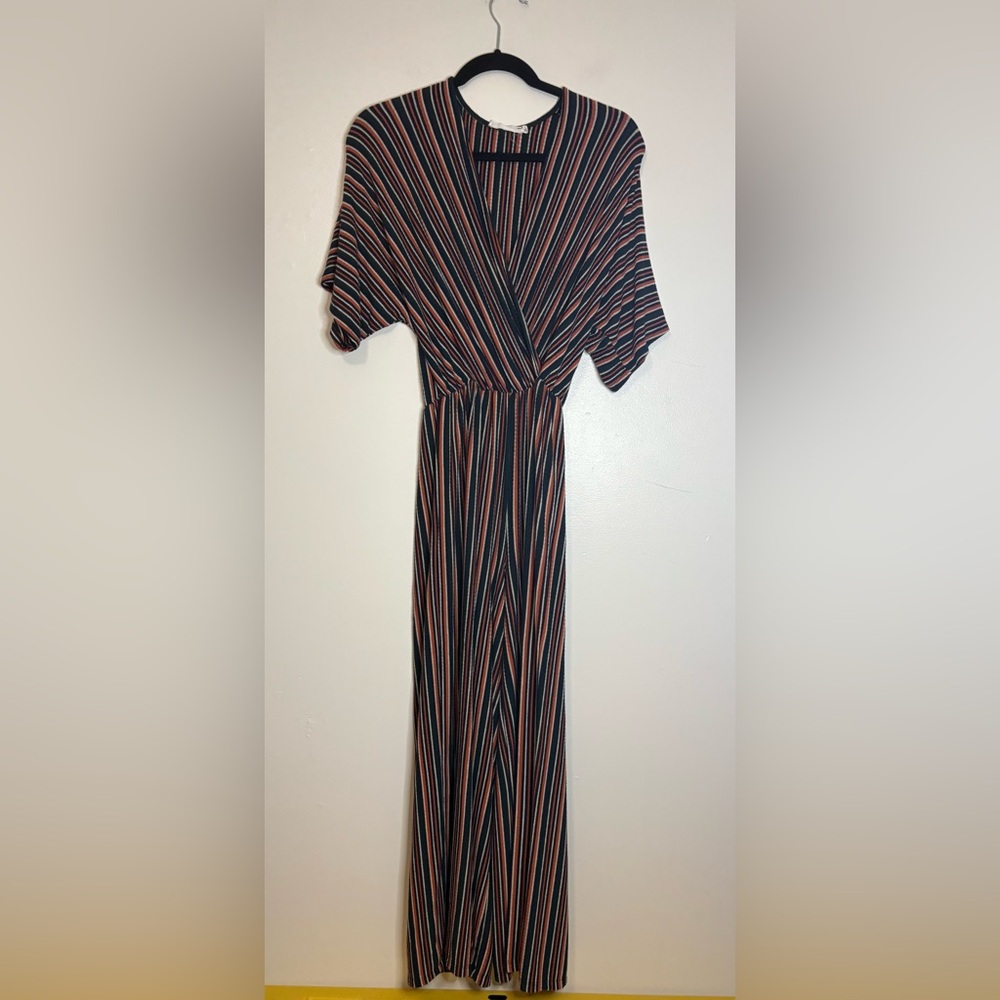 Lush Striped Wide Leg Jumpsuit Small Black green Rust Short Sleeve Stretch Waist